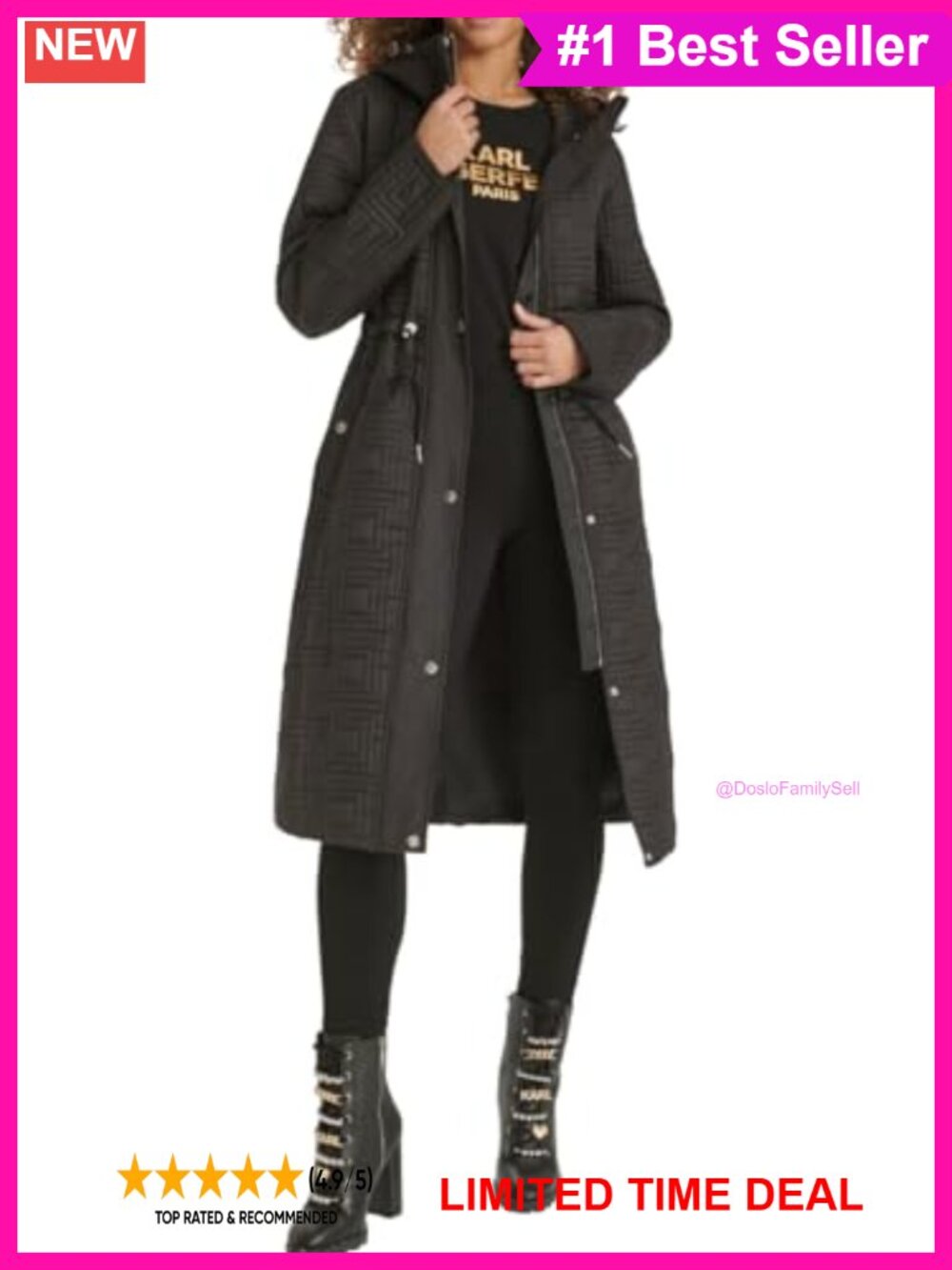 Quilted Hooded Anorak Jacket Long Sleeve Waist Drawcord Side Slits